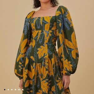 Farm Rio Green Foliage Sketch Lenzing Ecovero Euroflax Mini Dress